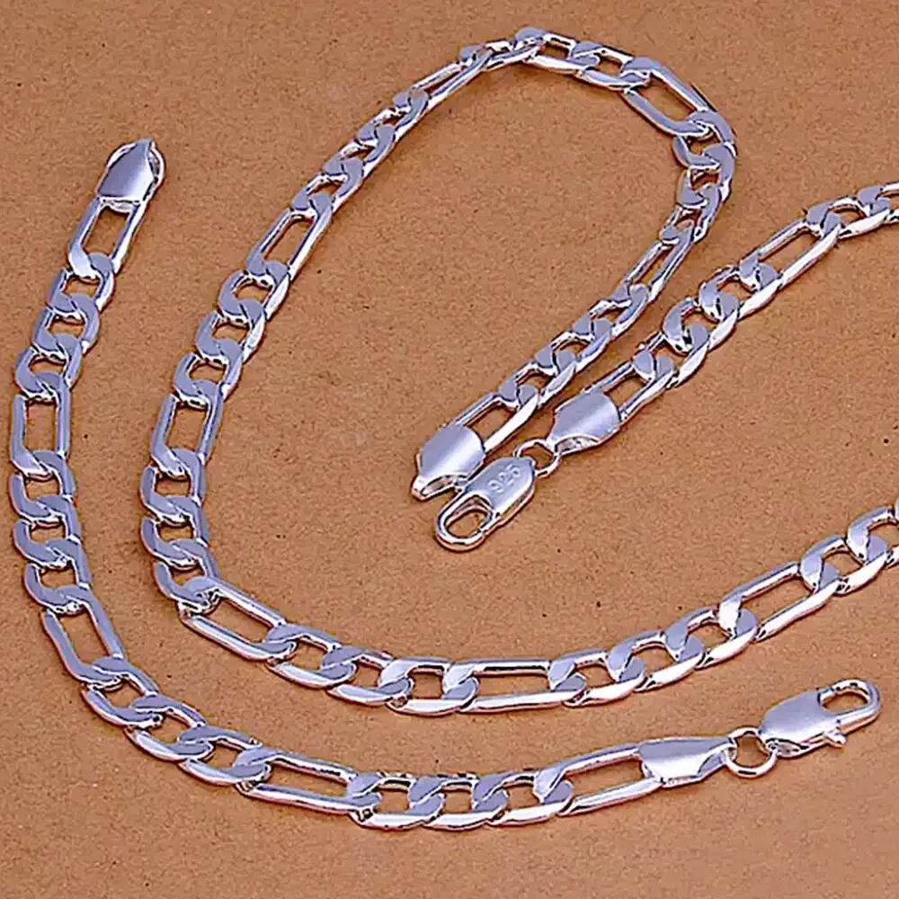SILVER CUBAN FIGARO CHAIN LINK NECKLACE + BRACELET STERLING STMP .925 SET